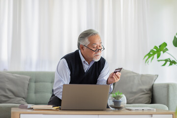 Happiness of wellness elderly asian man with white hairs sitting on sofa using computer laptop and using credit card to shopping online at home,Senior lifestyle at home concept