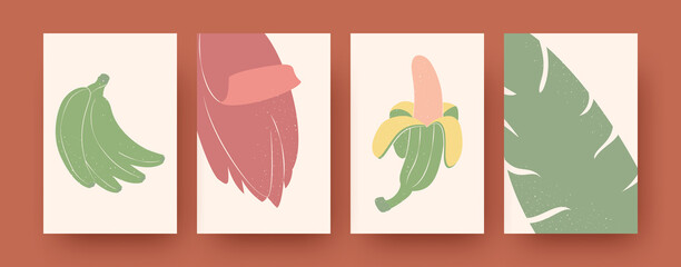 Banana elements collection of contemporary art posters. Watercolor leaves, peels and fruit vector illustrations. Tropical and healthy food concept for banners, website design or backgrounds
