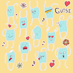 Large set of color stickers. Mask cartoon style. Emotions Isolated on a white background.