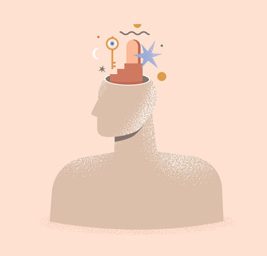 Mental health, psychology, philosophy concept. Abstract illustration of a human head with door and key. Therapy, psychotherapy. Idea of thinking, mind, mental wellness. Isolated vector illustration