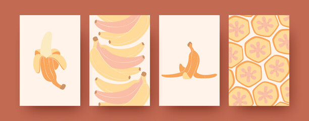 Banana collection of contemporary art posters. Modern peel and slices of banana vector illustrations. Tropical fruits and healthy food concept for banners, website design or backgrounds