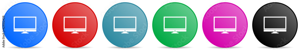 Poster screen, monitor, display, computer vector icons, set of circle gradient buttons in 6 colors options 