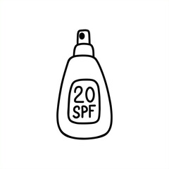 Sunscreen body spray. Packaging of sunscreen. Tanning agent with SPF. Vector illustration in the doodle style
