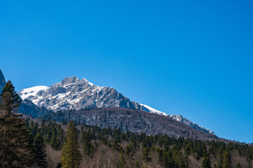 Fototapeta premium Mountain peak with snow in Romanian Carpathian Mountains