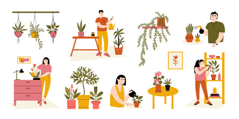 Scenes with people and their indoor plants. Caring for houseplants: watering, wiping, spraying, fertilizing, pruning. Characters enjoying their hobby at home. Home gardening. Vector flat illustration