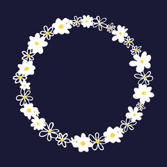 Cute doodled daisies vector tendril circle. Floral wreath design element.