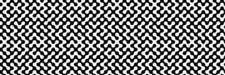 Fototapeta premium Abstract Black and White Seamless Geometric Pattern with Circles. Tiled Wall in Chessboard Style. Wicker Structural Texture. Raster Illustration