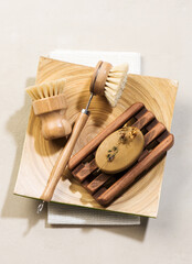 Set eco friendly natural cleaning products.Natural wood brushes and soap. Zero waste, natural home product and eco clean concept.
