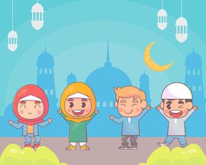 Happy kids ramadan kareem islamic cartoon Premium Vector
