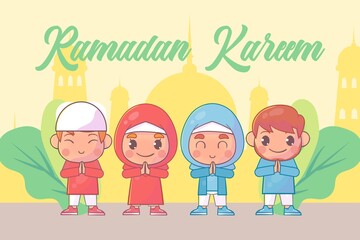Cute boy and girl greeting ramadan kareem islamic Premium Vector
