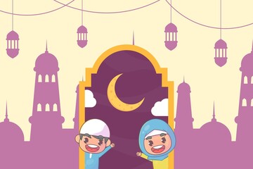 Cute boy and girl greeting ramadan kareem islamic Premium Vector
