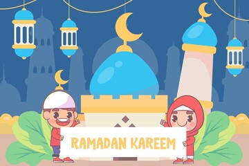 Cute boy and girl greeting ramadan kareem islamic Premium Vector
