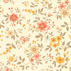 Vintage seamless floral pattern. Liberty style background of small pastel flowers. Small blooming flowers scattered over a white background. Stock vector for printing on surfaces and web design.