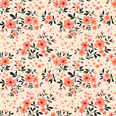 Cute seamless vector floral pattern. Endless print made of small coral flowers. Seamless vector texture. Elegant template for fashion prints. Ecru  background. Stock vector illustration.