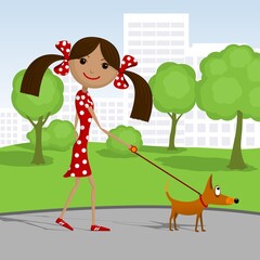 Happy girl walking with her dog in the park. Vector illustration.
