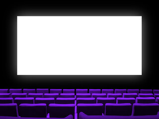 Cinema movie theatre with purple seats and a blank white screen