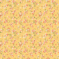 Cute  floral pattern. Seamless vector pattern. Elegant template for fashion prints. Small red and white flowers for print. Amber yellow background. Stock vector.
