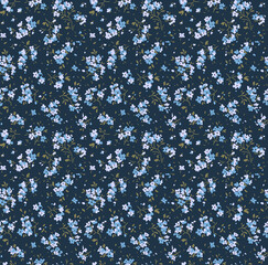 Cute floral pattern. Seamless vector pattern. Elegant template for fashion prints. Small light blue flowers. Dark blue background. Summer and spring motifs. Stock vector.