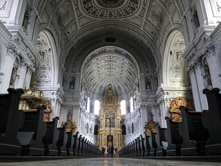 Oppulent Bavarian Baroque and rococo interior style architecture inside Roman Catholic church or...