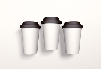 Paper coffee cups set white paper cups, realistic paper coffee cup 3d mockups coffee branding with plastic lid.  3d rendering coffee cup.