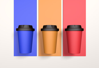 Realistic paper coffee cup 3d mockups, Set of realistic blank mock up paper cups with plastic lid, colorful background best branding presentation mockup style coffee cup