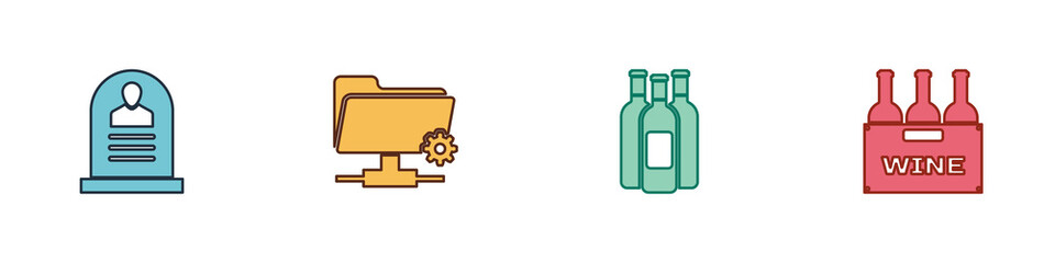 Set Tombstone with RIP written, FTP settings folder, Bottles of wine and box icon. Vector