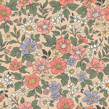 Vintage seamless floral pattern. Liberty style background of small coral pink flowers. Small flowers scattered over a beige background. Stock vector for printing on surfaces. Realistic flowers.