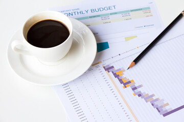 Office Desk Table,Worktable top view,working table with a cup of black coffee