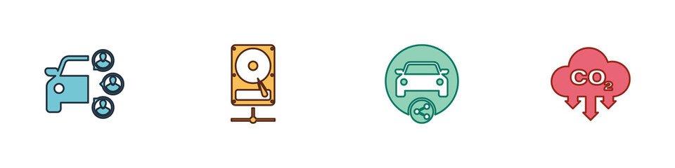 Set Car sharing, Hard disk drive on network, and CO2 emissions cloud icon. Vector