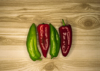 red and green pepper on a table top view