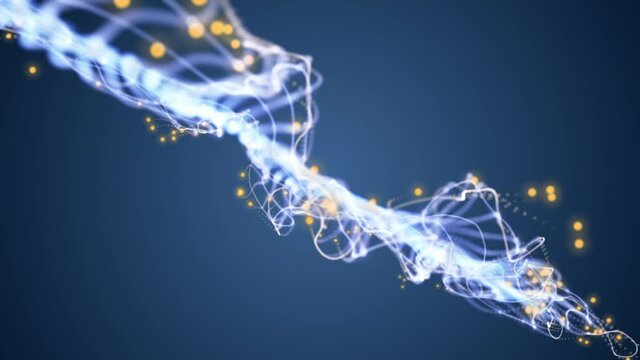 Futuristic digital version of a primitive sea creature or sea monster swimming in the deep ocean with glowing particles and flowing light beams. Full HD, looping motion background animation.