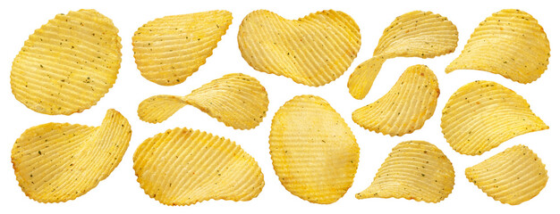 Ridged potato chips isolated on white background