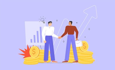 Businessmen shaking hands. Two male characters making a deal.  Investing, Busines, Starting new project, Investing in successful ideas.