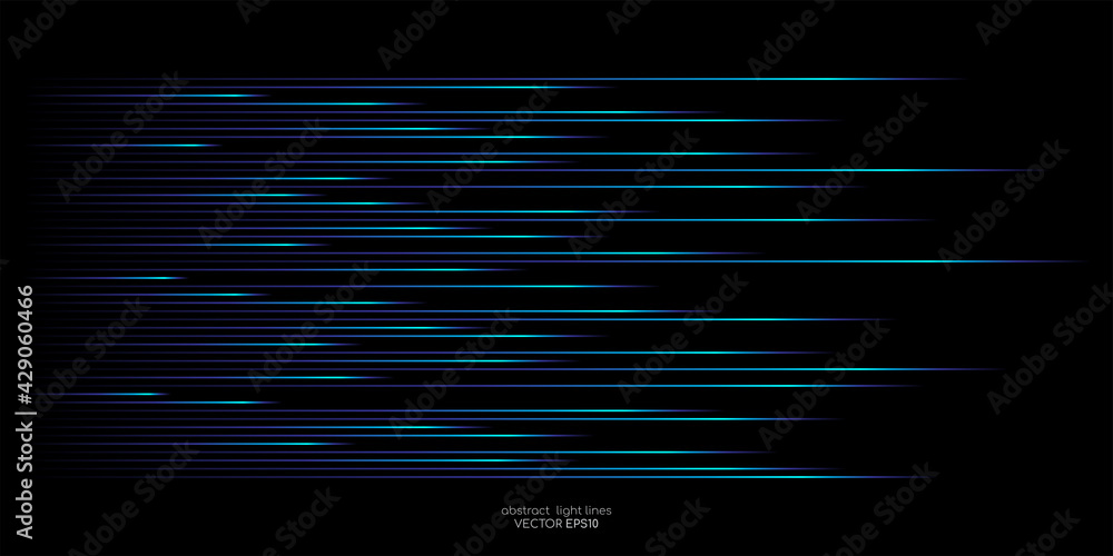 Poster Abstract speed light lines movement dynamic pattern in blue green colors isolated on black background in concept of AI technology, 5G, digital, communication.