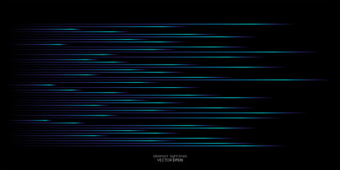 Abstract speed light lines movement dynamic pattern in blue green colors isolated on black background in concept of AI technology, 5G, digital, communication.
