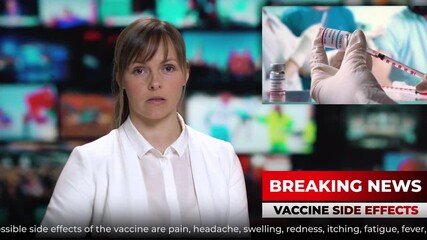 news female presenter talking breaking news about vaccination side effects