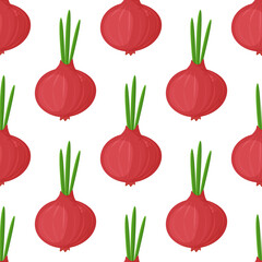 Seamless pattern red onion with green onion, cutaway onion top view isolated on background, flat lay for culinary blog.