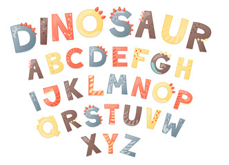 Cartoon cute dino alphabet. Dinosaur font with letters . Children Vector illustration for t-shirts, cards, posters, birthday party events, paper design, kids and nursery design
