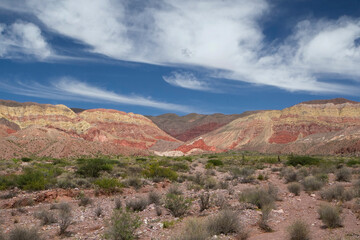 The colorful mountains. Panorama view of the beautiful rock, minerals and sandstone formations in the arid desert.