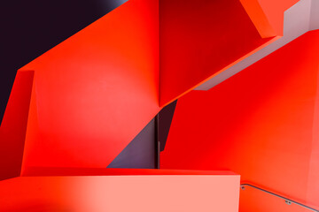 Painted in Red. Abstract fragment of the architecture of modern lobby, hallway of the luxury hotel, shopping mall, business center in Vancouver, Canada. Interior design.