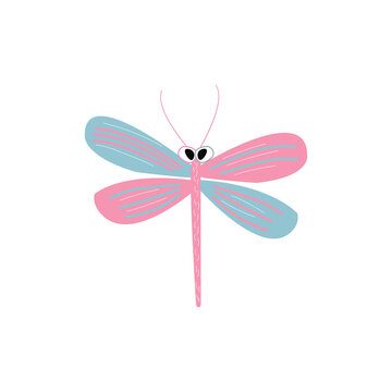 Cute print of funny dragonfly. Vector illustration isolated on white background.