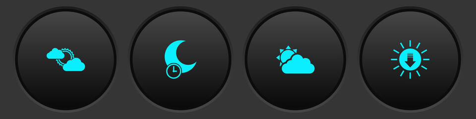 Set Sun and cloud weather, Sleeping moon, and Sunset icon. Vector