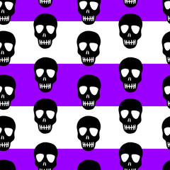 seamless skull pattern on a purple and white striped background. Bright striped pattern with black skulls.Design for Halloween party, Day of the dead. Vector illustration