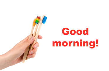 wooden eco friendly bamboo toothbrushes on a white background. Dental care conept