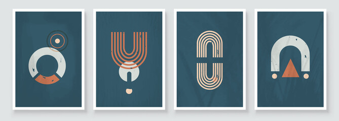 Abstract Geometric Shape Art Illustration. Set of soft color painting wall art for house decoration. Minimalistic canvas background design. Vector wall art plants in boho style.