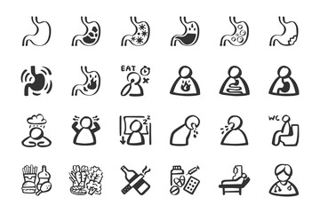 Gastritis disorder icon set Hand drawn doodle icons