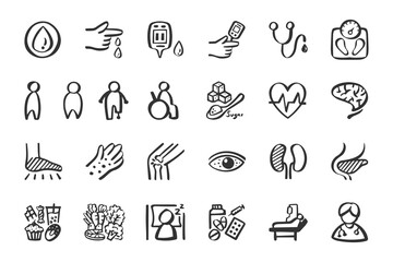 Diabetes mellitus icon set hand drawn doodle icons