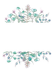 Fototapeta na wymiar Hand drawn watercolor botanical frame with branches. Wedding Invitation.