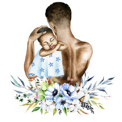 Watercolor father and baby illustration, father's day card