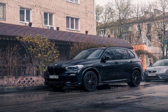 Kherson, Ukraine - April 2021. New BMW X5 G05 in a black color on the street.